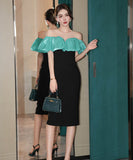 手作りドレス高級感膝丈ドレスフリルおしゃれエレガント着痩せ気質宴会パーティー WQ2-JY21140