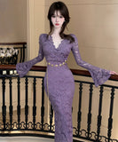 【3色】ロングドレス キャバドレス セクシー Vネック レース切り替え タイトワンピース ベルト付き 上品 シルエット LW2-DD6011