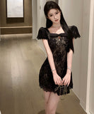 ミニドレスレースリボンパフスリーブエレガント体型カバー宴会パーティー女子力通勤 WQ2-ZED883254DXH502