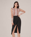 【2点セット】膝丈ドレスチュール水玉柄レース非対称セクシーエレガント気質同伴二次会宴会パーティー WQ2-ZED887252A71