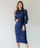 Lady's coco 膝丈ドレス キャバドレス セクシー 韓国スタイル ニットタイトワンピ 半ハイネック スリムフィット ウエストマーク ミディ丈 LW2-DD6029