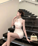 ミニドレスキャバドレスホルターネックレースバックレスドレスセクシーリボン WQ2-ZED882518DXH437A