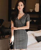 ミニドレスキャバドレスチック柄エレガントVネック小顔谷間見せ通勤エレガントタイトドレス WQ2-ZED889693A71