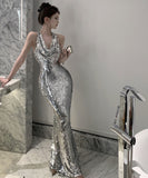 ロングドレスキャバドレスキラキラホルターネック谷間見せイベント高級感華奢感ナイトドレスセクシー誕生日パーティー宴会 WQ2-ZED883589HS109