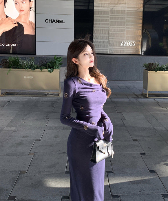 【2点セット】 ロングドレス キャバドレス セクシー セットアップ フレンチスタイル ドレープネック 上品 スリムフィット ミディスカート  LW2-ZED883415DXH502