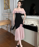 手作りドレスロングドレスオフショルダーチュールフリルフラワーセクシー高級感マーメイドドレス宴会パーティー二次会着痩せ気質 WQ2-JY51303