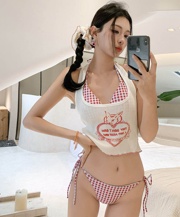 【2点セット】三角ビキニ水着ホルターネックセクシーモノキニタンキニチェック柄ビーチ海SNS話題 WQ7-XYX-A811
