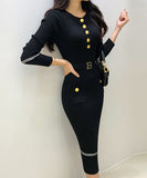 【2色】Lady's coco ロングドレス キャバドレス セクシー クルーネック 長袖 バイカラー ニットワンピース ポケット付き ウエストリボン LW2-DD6031