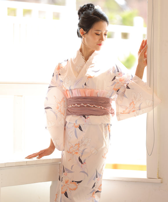 【日本即日発送】浴衣 浴衣セット 兵児帯 しわ兵児帯 伝統式浴衣 レディース 百合柄 草花柄 2024YTK-006