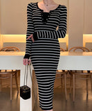 Lady's coco ロングドレス キャバドレス セクシー 秋冬新作 ニットワンピース クルーネック 長袖 ストライプ柄 タイトシルエット ミディ丈 LW2-DD6032