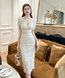 2色 レース 手作り 膝丈ドレス高品質 Ｖネック セレブ風 おしゃれ YH2-JY20459