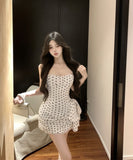 ミニドレスキャバドレスベアトップ水玉柄セクシーリボンレースおしゃれ女子力ガールズロマンチック風セレブ風女子力パーティーナイトクラブ WQ2-XKD-D408A-2028-Mar15