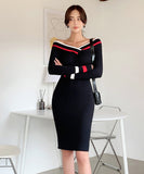 Lady's coco 膝丈ドレス キャバドレス セクシー 韓国スタイル 新作 バイカラー タイトワンピース オフショルダー LW2-DD6033