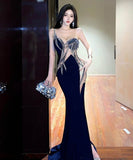 ロングドレスキャバドレス刺繍セクシー肌見せナイトクラブイベント高級感キラキラ気質非対称 WQ2-DD4474