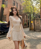 ミニドレスセクシー袖付きレースエレガントAライン谷間見せパーティー宴会気質韓国っぽ着痩せ WQ2-XKD-D452-1029-Mar2