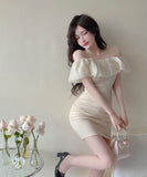 2色オフショルダードレスミニドレスタイトドレスフリル可愛い女子力エレガント同伴着痩せ気質 WQ2-SJHY-X4674