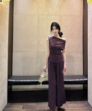 【2色】上下セットワイドパンツエレガントセクシーオフショルダー通勤女子力着痩せ気質同伴個性感 WQ2-DD4818