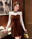 Lady's coco ミニドレス キャバドレス セクシー 上品ベロアワンピース レース切替 バイカラー 長袖 ウエストマーク Aラインシルエット LW2-JY21922