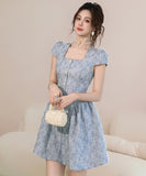 ミニドレス レトロ気質 スクエアネック ハンドメイド服 ウエストマーク Aライン フォーマルワンピース 結婚式 二次会 デート 高見え 上品 大人可愛い JC2-JY95008