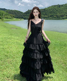 ロングドレス フレンチフェミニン エレガント レース切替 Vネック キャミワンピ ウエストシェイプ ティアードフレア 上品 大人可愛い デート お出かけ 結婚式 JC2-CD3-141-5510900