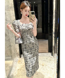 膝丈ドレス エレガント ハンドメイド フレンチレトロ チェック柄 スクエアネック パフスリーブ タイトワンピース 刺繍入り デート お出かけ パーティー JC2-JY21303