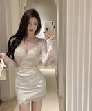 【2色】ミニドレス キャバドレス セクシー レース×タイトワンピース 長袖 Vネック 秋コーデ ギャル風 指名 クラブ パーティー JC2-XKDD310-3002-Sep7