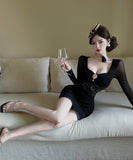 【2色】ミニドレス キャバドレス セクシー ボディコン メッシュ ロングスリーブ ミニ丈 夜会 デート ナイトクラブ JC2-DD5514