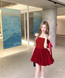 2色ミニドレスAラインオフショルダーリボン着痩せ気質体型カ韓国っぽ誕生日ドレスエレガント同伴 WQ2-XKD-D337B-3609-May28