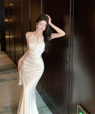 ロングドレス セクシー ホワイトサテン ホルターネック マーメイドロングドレス エレガント 結婚式のお呼ばれ パーティー JC2-XKDD200-0615A-Sep3