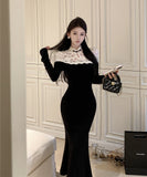 ロングドレス キャバドレス マーメイドドレス ニット 大人可愛い 上品 女性らしい モノクローム 拼接レース パーティー 二次会 JC2-XKDD337B-2016-Aug25