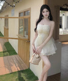 ミニドレスベアトップふわふわAラインチュールパーティードレス谷間見せ誕生日ドレスセクシー WQ2-DD4554