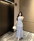 ロングドレスレースキャミワンピ谷間見せセクシー取り外し可能なチュールスカートおしゃれ宴会パーティーフラワー高級感気質 WQ2-XKD-D452-1063-Apr9