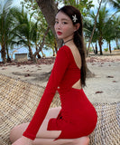 ビキニ水着体型カバーワンピースバックレス水着袖付き韓国っぽ大人可愛い WQ7-XYX-Q9168