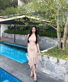 2色】膝丈ドレスエレガントレースセクシー気質タイトドレス谷間見せ韓国っぽおしゃれ WQ2-MXX2098