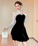 【秋冬新作】 ミニドレス キャバドレス セクシー フレンチフェミニンドットチュール切り替え ベロア素材 ウエストマーク 上品 着痩せ ドレス風 レディース フレンチフェ ドットチュール切り替え  ウエストマーク 上品 着痩せレディース デート LW2-JY21889