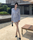 ミニドレス 長袖ブルーシャツワンピース アシンメトリータック ショート丈 秋コーデ 通勤・お出かけ用 デート 上品デザイン  JC2-DD5574