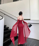 ロングドレス イブニングドレス セクシー 上品 ストラップ メッシュ フリル リボン シェイプドウエスト スレンダー パーティー JC2-CD7-238-86510620