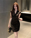 ミニドレス キャバドレス 上品セクシー エレガント ボディコン フレンチスタイル Vネック レース 着痩せ パーティー 二次会 結婚式のお呼ばれ JC2-LQE1204