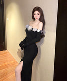 ロングドレス セクシー立体フラワーオフショルダーワンピース ハイウエスト タイトスリットドレス 長袖 ステージ衣装 パーティー JC2-DD5524