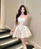 ミニドレス キャバドレス セクシー エレガント ビスチェ風 フレンチ風 パフスカート ウエストマーク 高見え レース×パール装飾 パーティー JC2-DD5746