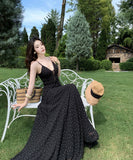 ロングドレス キャミワンピ  キャミワンピ フレンチレトロドット柄 Vネック エレガント 着痩せ デート 女子会 JC2-CD6-157-82430670