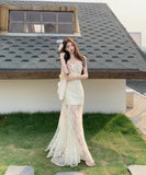 ロングドレス リゾートウェア 着痩せシルエット ホルターネック レース拼接 立体フラワープリント JC2-CD7-323-80900850