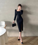 ロングドレス セクシー バックレス スリット入り タイトワンピース 長袖 エレガント パーティー デート クラブ 指名 JC2-ZED881206DXH348B