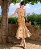 2色ロングドレスベアトップセクシーマーメイドドレス花柄着痩せ気質谷間見せ旅行フリル WQ2-XHY915721