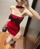 Lady's coco ミニドレス キャバドレス セクシー ベロア チューブトップ キャミワンピース ホルターネック リボン付き タイト LW2-OYF2661