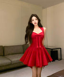 ミニドレスレッドAライン着痩せ気質お姫様誕生日ドレスリボンカワセクシーセレブ風エレガントパーティーイベント高級感 WQ2-XKD-D445-2268-Apr9