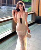 ロングドレスレースホルターネック谷間見せセクシーリボンマーメイドドレスバックレスドレスパーティー WQ2-XKD6-143-71660580