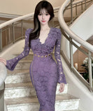 【3色】ロングドレス キャバドレス セクシー Vネック レース切り替え タイトワンピース ベルト付き 上品 シルエット LW2-DD6011