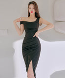 膝丈ドレスワンーショルダーセクシーエレガントキャバドレス非対称オフショルダー気質 WQ2-ZED888011A71