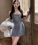 手作りドレスツイードドレスミニドレス高級感セレブ風キラキラ宴会パーティー着痩せ気質 WQ2-GZXX-001